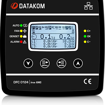 DFC-0124 Контроллер коэффициента мощности (Ч/Б дисп 128x64, 24 ступени, RS-485, SVC) 144х144 мм